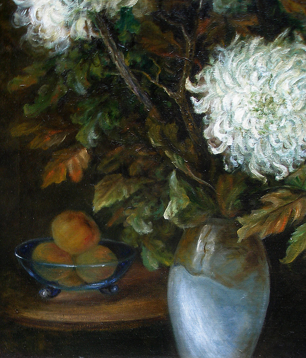 Large salon oil. White Chrysanths and Autumn leaves. Dated 1923.